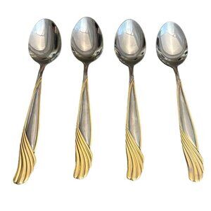 Cambridge Stainless Florentine Set of 4 Teaspoons Small Spoon Silver Gold 6 1/8"
